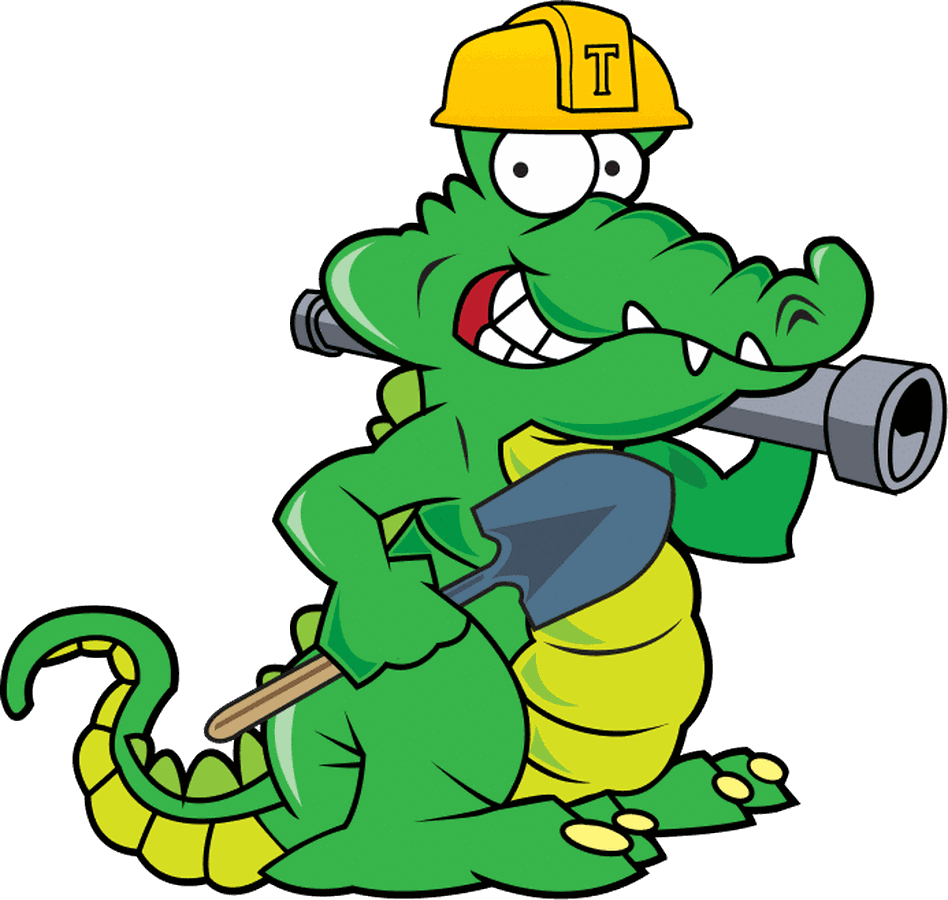 Tioga Plumbing's gator mascot — a cartoon alligator in a hard hat carrying a pipe and shovel