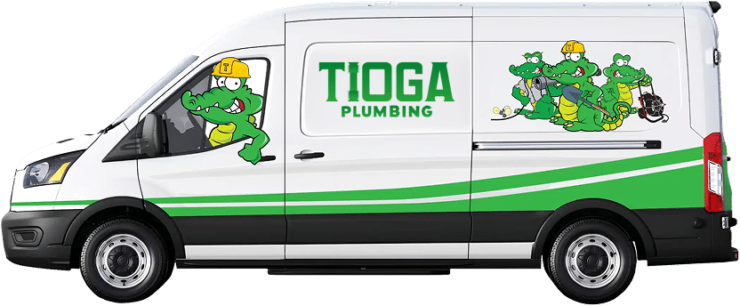 Illustration of a Tioga Plumbing service van, gator mascot at the wheel, driving a DFW street on the way to a service call